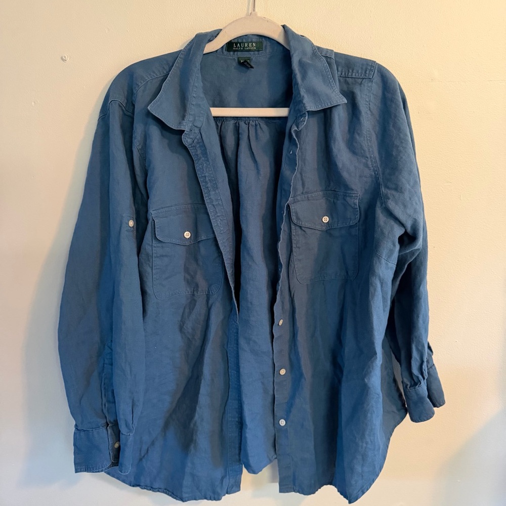 Ralph Lauren Women's Blue Button-Down Linen Shirt